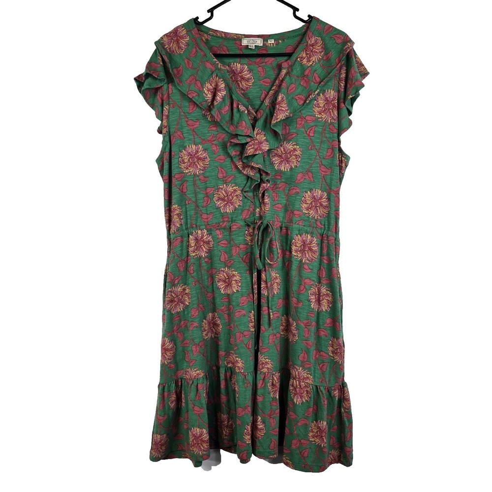 Fat Face Womens 10 Green Pink Floral Ruffled Mini Dress Flutter Sleeve